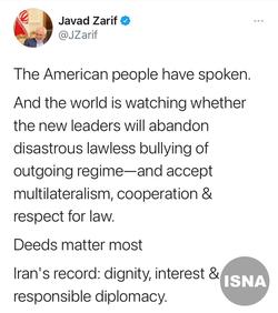 واکنش توییتری ظریف به نتیجه انتخابات در آمریکا