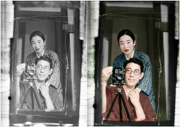 سلفیِ صد ساله‌ی رنگ شده از زوج ژاپنی سال 1920