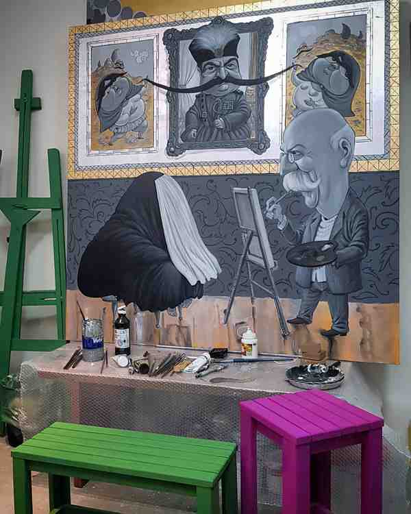نقاش‌باشی کمال‌الملک مشغول کشیدن پرتره سوگلی